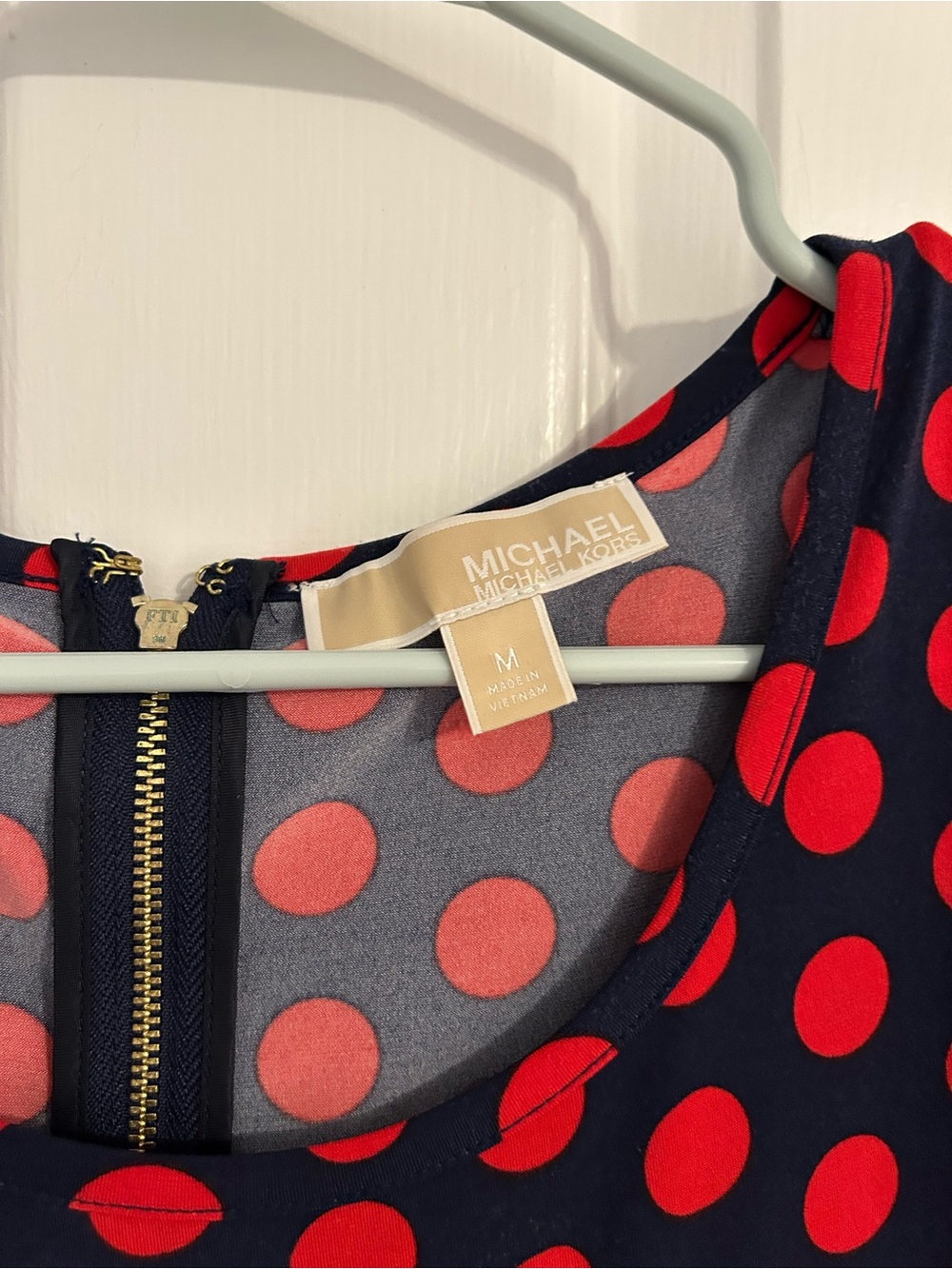 Michael Kors Navy Dress with Red Polka Dots and Gold Back Zipper - Picture 2 of 4